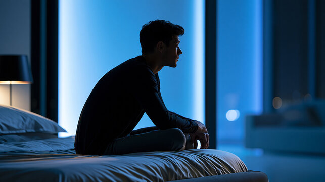 Silhouette of a man sitting on a bed at night, insomnia, dark bedroom, sleeplessness concept, mental wellness, with copy space