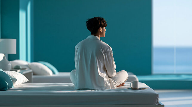 Man wearing pajamas suffering from depression, sitting alone on the bed, mental health awareness, with copy space