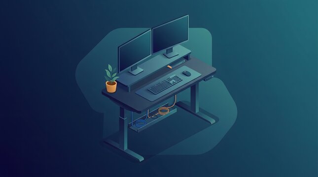Modern ergonomic workstation with dual monitors and standing desk.