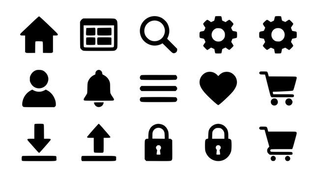 Universal web user interface and e-commerce solid glyph icon pack featuring home search configuration settings profile alert notification dropdown menu favorite heart shopping cart download upload and