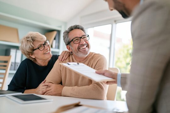 A smiling senior couple sits together at a desk while an adviser presents a clipboard, showing a warm and reassuring atmosphere for financial planning