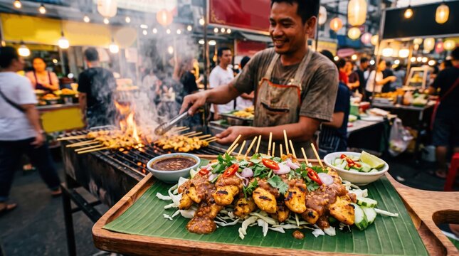 A smiling street vendor grills chicken satay skewers at a bustling night market with smoke.