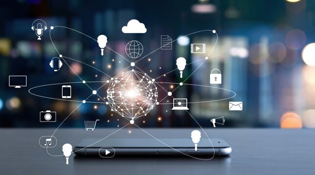 Futuristic smartphone displaying holographic network connections and digital icons representing global communication technology cloud computing social media internet security