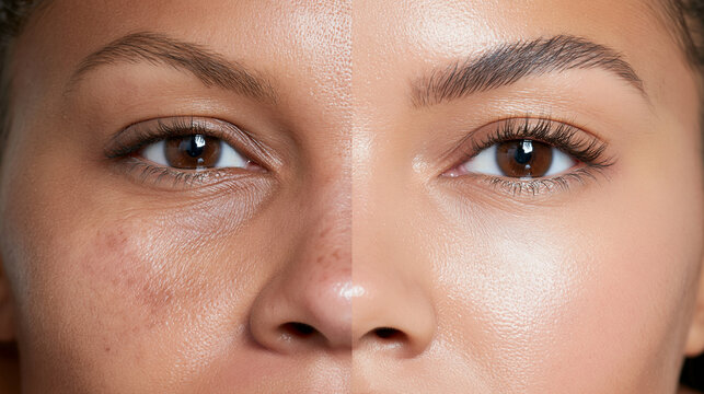 A split-screen macro comparison photo of the exact same under-eye area, left half: natural skin showing visible dark circles and fine lines, right half: the exact same area with sm