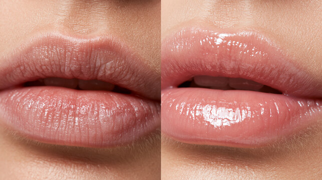 A split-screen macro comparison photo of the exact same lip area, left half: natural lips with visible dryness and uneven texture, right half: the exact same lips smooth and hydrat
