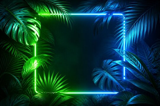 Neon square frame glowing among tropical leaves in dark setting