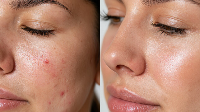 A split-screen macro comparison photo of the exact same nose bridge area, left half: natural skin with visible redness and pores, right half: the exact same nose bridge smoothed an