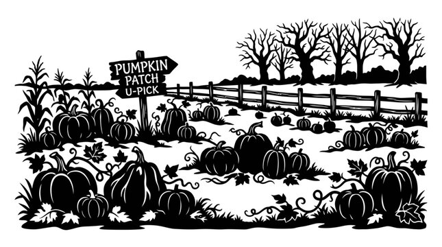 Halloween Pumpkin patch u-pick hand-drawn illustration, autumn harvest field, vintage fall background vector, halloween seasonal icon isolated on White Background vector