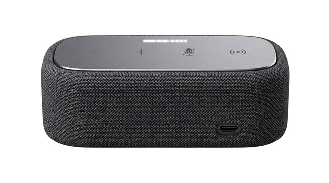 Dark gray fabric smart speaker with silver and isolated on png transparent background