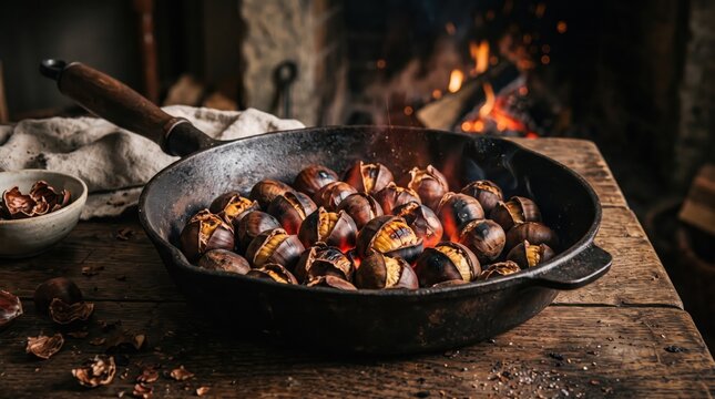 Roasted chestnuts cook in a rustic cast iron skillet over a warm open fire in a cozy fireplace.