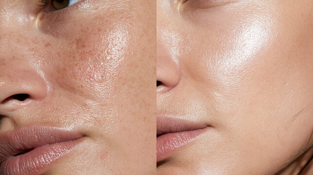 A split-screen macro comparison photo of the exact same cheekbone area, left half: natural skin with visible texture and subtle redness, right half: the exact same cheekbone smooth