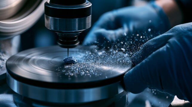 Precision Craftsmanship in Gemstone Polishing: Close-Up of Hands Working on Raw Sapphire