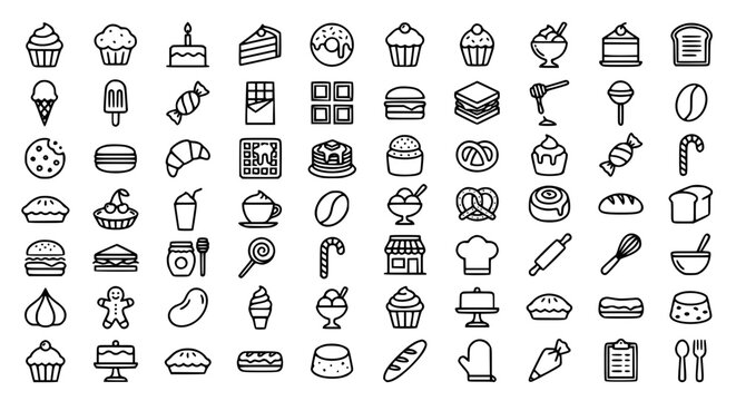 Large set of hand drawn bakery and sweet dessert line icons featuring cakes donuts cookies coffee beans pastries and kitchen baking utensils vector illustration isolated on white background, 24 words.