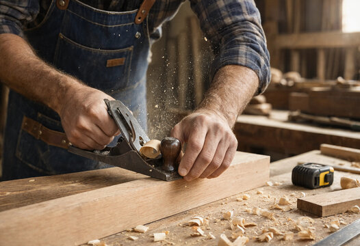 Skilled carpenter using a hand plane to smooth a piece of wood in a rustic woodworking workshop