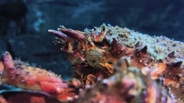 Decorator crab close-up showing textured shell and eye stalks