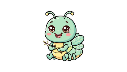 Cute cartoon caterpillar character holding small twig with happy smiling expression isolated on plain white background vector