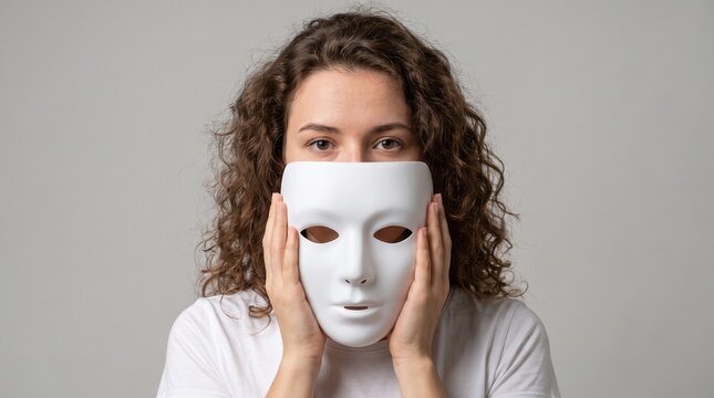 Young woman holding white mask in front of her face to hide her identity and true feelings