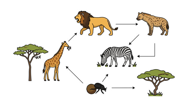 African savanna food web vector diagram showing ecological cycle with lion hyena zebra giraffe and beetle