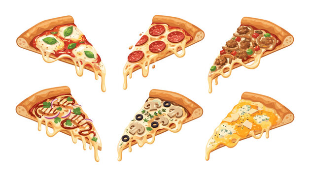 Delicious pizza slices vector set with melting cheese pepperoni mushroom margherita and gourmet toppings on white background