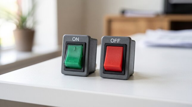 Industrial rocker switch pair with green on and red off buttons. Power control switches on white desk. Electrical toggle components for energy management.