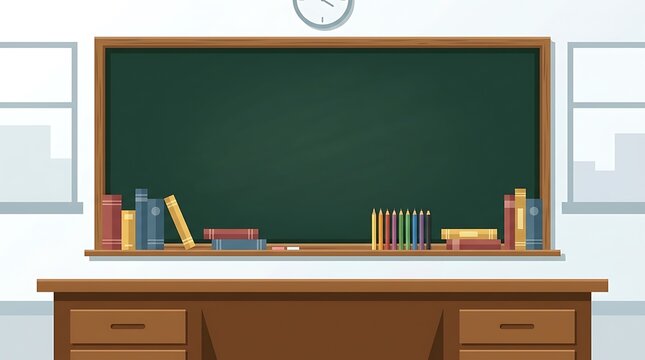 Classroom blackboard with books and pencils on shelf for teaching.