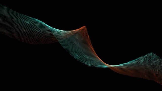 Abstract flowing digital mesh wave motion with glowing particles visualization of a made of against a deep black background representing
