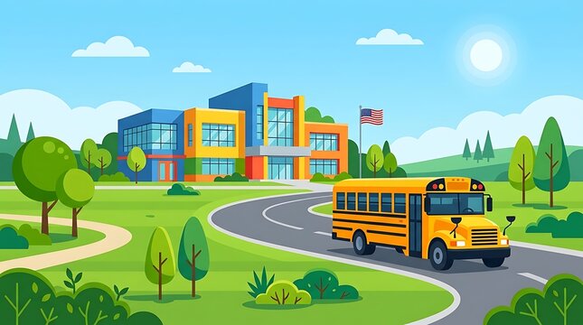 School bus driving on road to colorful modern school building with flag.