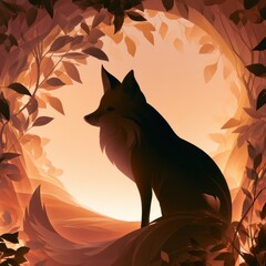 Naklejka premium A fox silhouette is shown against glowing leaves in a forest during dusk. The scene features a russet gradient with minimal wildlife.