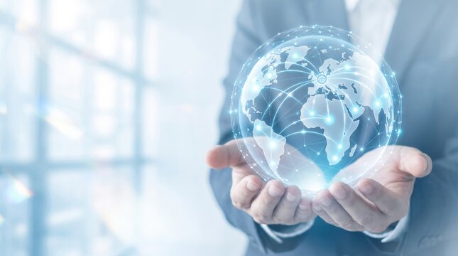 Businessman holding glowing digital globe with world map and network connections representing global communication, internet and international business.