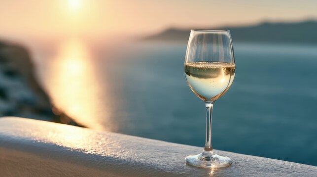 Glass of White Wine at Sunset Over the Sea: A solitary glass of crisp white wine sits on a ledge overlooking a breathtaking seascape at sunset, its golden rays reflecting on the tranquil water.