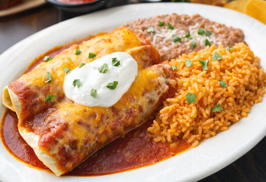 Plate of beef enchiladas with rice and beans