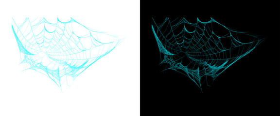 Glow-in-the-dark spider web elements, neon cyan cobweb graphics on black and white backgrounds, spooky Halloween design assets © PNG