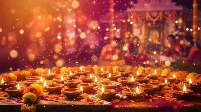 Many traditional clay diyas with marigold flowers for diwali celebration
