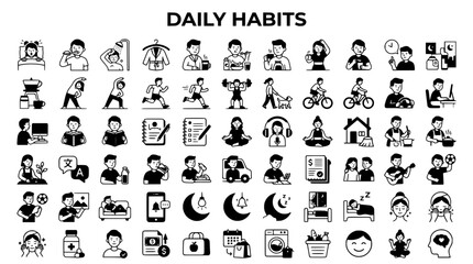 Obraz premium Daily Habits Vector Icon Set of People, Business, Web, Internet, Travel, Media, Computer, Network Symbols and Arrows for Modern Design