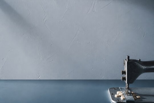 Copy space with vintage sewing machine on blue background