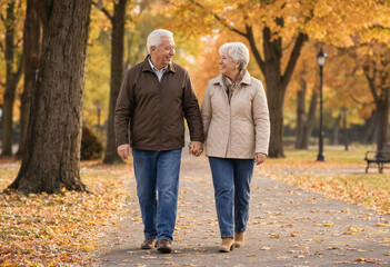 Obraz premium Happy senior couple holding hands while walking along a paved path in a park with golden autumn foliage