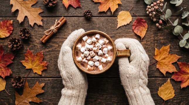 Hands in warm knit gloves holding a mug of hot cocoa with marshmallows on a wooden table