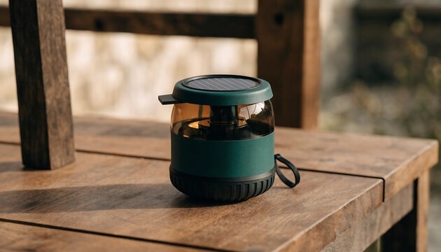 Portable solar powered bug zapper lamp on wooden outdoor table