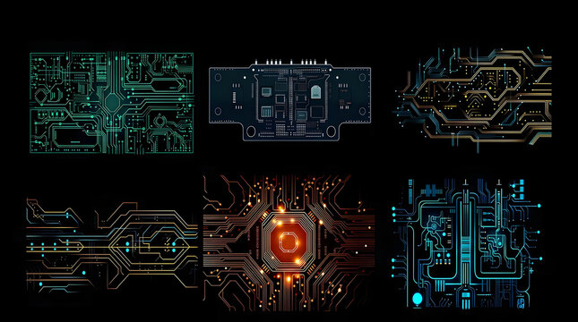 Digital Circuit Board Background Set, Futuristic PCB Trail Assets, Dark Technology Concept Illustrations With Microchip Glow, Abstract Electronic Schematic Collection For Science