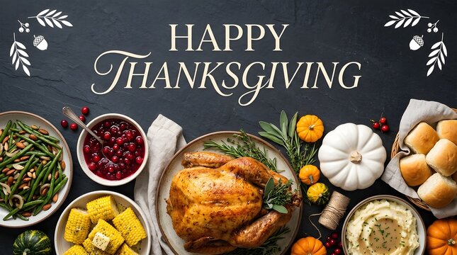 A festive thanksgiving dinner table spread featuring a roasted turkey surrounded by traditional holiday side dishes on dark background
