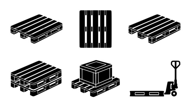 Wooden Pallet and Pallet Jack Glyph Icon Set with Cargo Box Stacked Skid Symbols for Logistics Warehouse Supply Chain and Shipping Designs