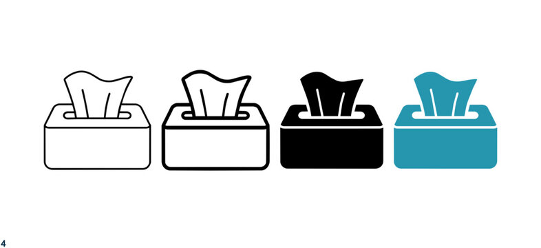 Minimalist tissue box icon set, 4 vector napkin dispenser symbols, flat paper handkerchief box illustrations for hygiene and medical use ,Clean grouped each Icon