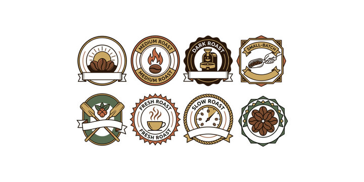 Vintage Coffee Badge and Label Collection with Roast Types Beans Cups and Brewing Icons