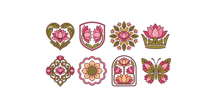 Decorative Lotus Flower Emblem Collection with Floral Badges Frames Crown and Butterfly