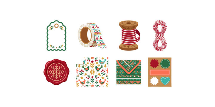 Christmas Gift Wrapping Craft Supplies with Decorative Tape Ribbon Wax Seal and Labels