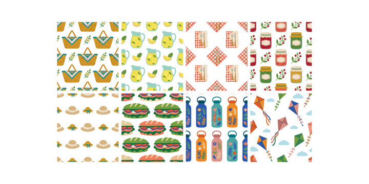 Summer Picnic Seamless Pattern Collection with Baskets Lemonade Sandwiches Jars Bottles Hats and Kites