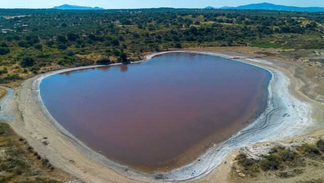 Aerial View of Heart Shaped Pink Lake and Ancient Harbor in Canakkale Dalyan