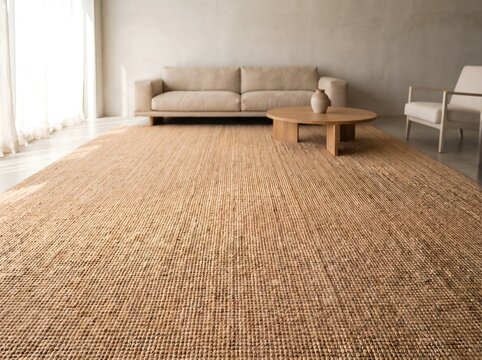 Low angle perspective of natural jute rug in modern minimalist living room representing comfort and design with ample copy space.