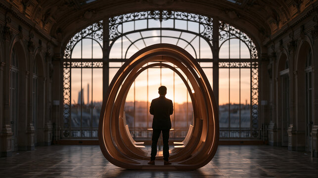 Businessman Standing in Modern Architectural Pod at Sunset