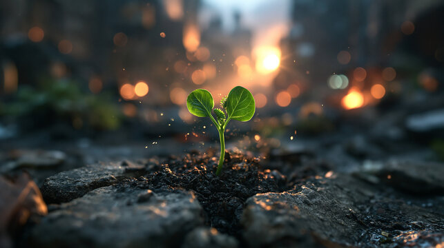 Green Plant Growing from Cracked Asphalt Symbolizing Hope and Rebirth